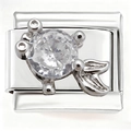 Macro view of Italian charm link in stainless steel with large faceted clear zircon stone - Goldfish Clear Belly (4809)