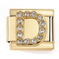 Close-up of gold stainless steel charm with pavé zircon letter D for DIY bracelet - Letter D