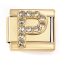 Detail of golden stainless steel modular charm featuring a crystal-studded letter P - Letter P