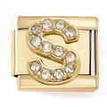 Close-up of golden Italian charm with pave cubic zirconia letter S for DIY bracelets - Letter S