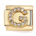Detailed view of Italian charm link G in gold finish with sparkling cubic zirconia inlay - Letter G