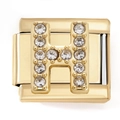 Macro shot of gold-plated modular link charm with sparkling Zirconia H letter inlay - Letter H