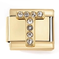 Detailed close-up of a golden modular T-letter charm link with shimmering cubic zirconia - Letter T