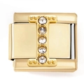 Macro detail of a gold-plated stainless steel charm link featuring zircon letter I design - Letter I