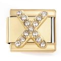 Close-up of golden Italian charm link featuring a sparkling zircon-encrusted letter X - Letter X