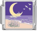 Macro view of stainless steel charm with moon and boat illustration for link bracelets - Moon Over Sea (4991)