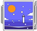 Detail of Italian charm link featuring a cartoon lighthouse and moon on blue enamel - Full Moon Starry Lighthouse (4996)