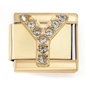 Detailed close-up of golden stainless steel Italian charm with pavé zircon letter Y - Letter Y