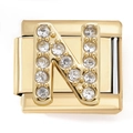 Detailed close-up of golden letter N modular charm link with sparkling zircon stones - Letter N