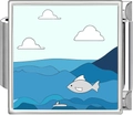 Detailed close-up of a blue ocean theme Italian charm with a cartoon fish and waves - Fish Leaping Waves (4984)