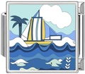 Macro view of modular stainless steel bracelet charm featuring a sailing boat and palm tree - Palm Tree Sailboat (5003)