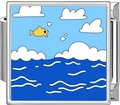 Detail of stainless steel Italian charm link featuring a yellow fish jumping out of the sea - Fish Playing in Waves (5005)
