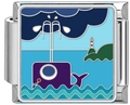 Macro shot of stainless steel modular charm with whale and lighthouse enamel art - Wave Blue Whale (4976)