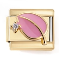 Macro shot of gold stainless steel Italian charm link with pink leaf and zircon - Pink Leaf Gold Zirconia (4910)