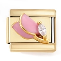 Gold-plated stainless steel Italian charm bracelet link with pink enamel and zircon stone - Pink Flower Marquise Zirconia (4911)