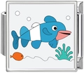 Detailed close-up of a square ocean themed charm with colorful fish for modular bracelets - Blue And White Fish (4980)