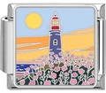 Detail of square stainless steel charm link with lighthouse and ocean enamel design - Floral Lighthouse Sunset (4995)