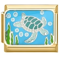 Macro shot of gold-plated modular bracelet link with blue enamel sea turtle design - Gold Sea Turtle (4919)