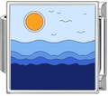 Macro detail of stainless steel modular link with ocean wave and orange sun illustration - Sunset Mountains (4994)