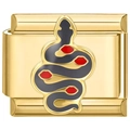 Detail of Italian charm link featuring a black and red enamel snake on gold metal - Black Snake Gold (4920)
