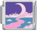 Macro detail of stainless steel Italian charm link with enamel moon and river art - Twilight Pink Moon (4992)