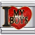 Macro detail of stainless steel charm with red glitter heart and I MY BOYS text - Love My Boys Style (1723-I L my boys)