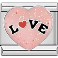 Italian style stainless steel charm link with pink enamel heart and black LOVE lettering - Pink Heart Love Style (1730)