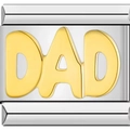 Detailed macro view of a stainless steel Italian charm bracelet link with gold DAD lettering - 3D Dad Style (1729-Two-tone DAD)