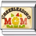 Detailed view of stainless steel charm with Cheerleading Mom text and colorful design - Cheerleading Mom Style (1727-Gold Base MOM)
