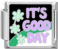 Detail of Italian modular bracelet link with green flowers and It's Good Day text - Lavender IT'S GOOD DAY(5008)