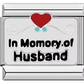 Macro shot of silver stainless steel charm with heart and In Memory of Husband text - In Memory of Husband Style (1736-in momory of husband)