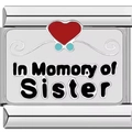 Macro detail of stainless steel Italian charm featuring In Memory of Sister design - In Memory of Sister Style (1738-in momory of sister)