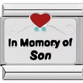 Detail view of stainless steel charm with In Momory of Son text and heart pattern - In Memory of Son Style (1739-in momory of son)