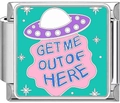 Detail of modular steel charm with UFO graphic and GET ME OUT OF HERE text - GET ME OUT OF HERE(5013)