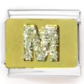 Detailed view of 9mm stainless steel charm link with gold letter M and crystal inlay - Zircon Letter M Gold Base