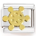 Detail view of 9mm stainless steel modular charm link featuring a golden ship's wheel - Gold-Tone Ship's Wheel