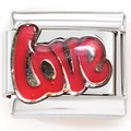 Macro shot of 9mm stainless steel modular charm with red enamel Love text design - Red LOVE Enamel
