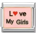Close-up of pink enamel Italian charm with Love My Girls text and red heart decoration - Love My Girls Design (1320)