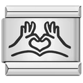 Macro detail of Italian modular charm with hands heart gesture on stainless steel link - Hand Heart Design (1323)