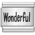 Polished stainless steel Italian charm link with Wonderful lettering detail for bracelets - Wonderful Design (1321)