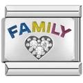 Detail of Italian modular charm with Family letters and zircon heart on stainless steel - Family Design (1316)