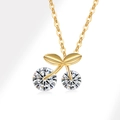 Elegant gold S925 silver necklace with sparkling cherry pendant and green leaves - 925 Silver / 18K Gold