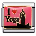 Pink enamel yoga charm for Italian modular bracelet featuring I Love Yoga text and silhouette - Heart Yoga Design (1322)