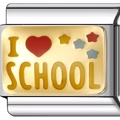 Modular stainless steel charm link with golden I love School text and stars - Love School Style (1728-Love School)