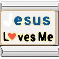 Silver and gold Italian charm bracelet link featuring Jesus Loves Me text with red heart - Jesus Loves Me Style (1733-loves me)