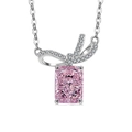 Pink ice cut square gemstone necklace with sparkling silver bow pendant for women - Platinum (Pink Zirconia)