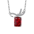S925 sterling silver bow necklace featuring a radiant rectangle red gemstone pendant - Platinum Color (Ruby Red Zirconia)