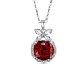 Exquisite S925 sterling silver necklace with round red gemstone and flower pendant - 925 Silver / Platinum Color (Ruby Red Zirconia)
