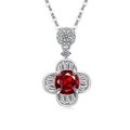 Elegant floral pendant necklace with a round red gemstone and cubic zirconia accents - Platinum Color (Ruby Red Zirconia)