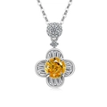 Silver pendant necklace featuring a large round yellow gemstone in a floral diamond setting - Platinum Color (Golden Yellow Zirconia)